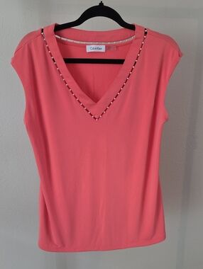 Calvin Klein Coral Sleeveless V-Neck Tank with Pearl Beaded Trim L